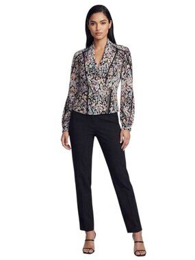 NWT Bebe Printed Multi Trim Wrap Blouse XS Abstract Side Zip $98